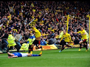 Watford's Troy Deeney celebrates scoring the winning goal during the Championship Play Off match against Leicester on May 12, 2013