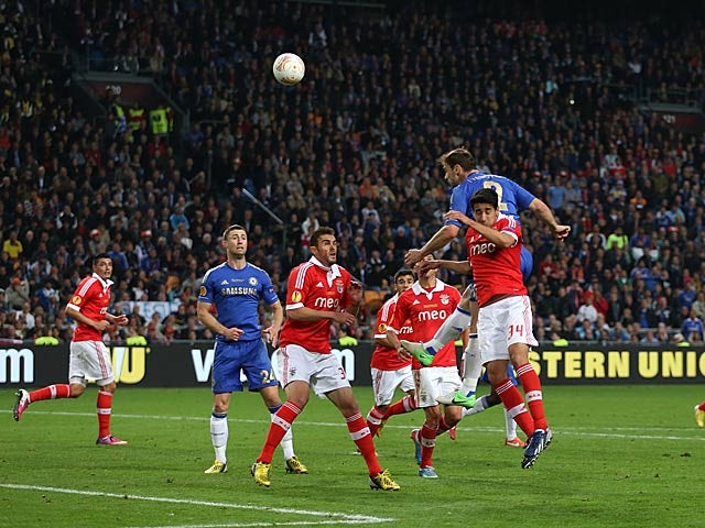 Chelsea's Branislav Ivanovic heads in the winning goal against Benfica on May 15, 2013