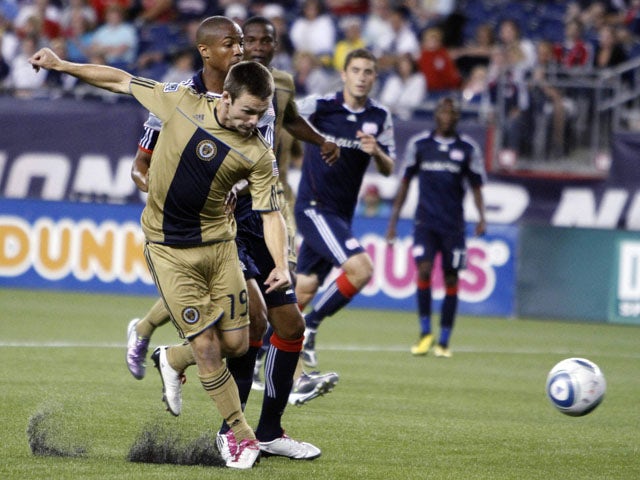 Philadelphia Union's Jack McInerney scores during the match with the New England Revolution on August 28, 2010