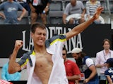 Jerzy Janowicz celebrates after beating Jo-Wilfried Tsonga during the Rome Masters on May 15, 2013