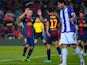 Barcelona's Pedro celebrates with team mate Xavi after scoring the opening goal against Real Valladolid on May 19, 2013