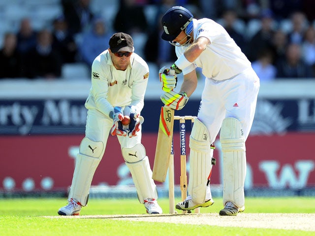England's Ian Bell is caught behind by New Zealand's Brendon McCullum during the Second Test on May 25, 2013