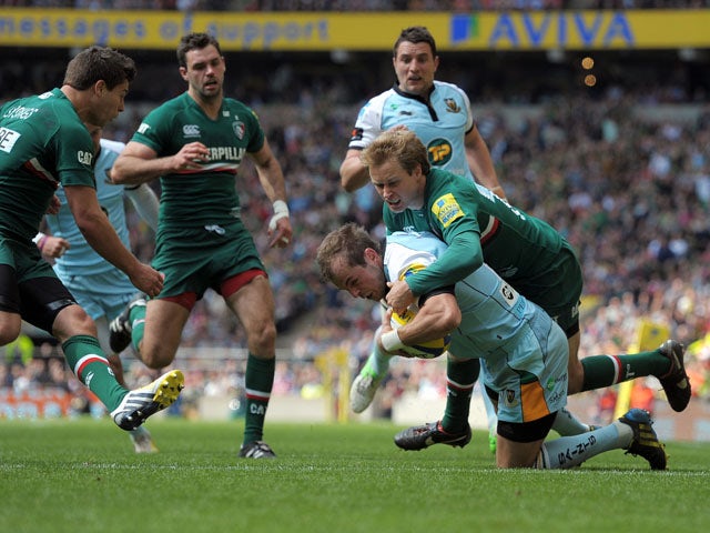 Northampton's Stephen Myler scores a try during the Aviva Premiership Final against Leicester Tigers on May 25, 2013