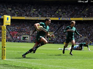 Leicester's Niall Morris runs into score the first try of the Aviva Premiership Final against Northampton Saints on May 25, 2013
