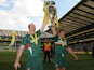 Leicester Tigers' Jordan Crane and Anthony Allen celebrate winning the Aviva Premiership Final on May 25, 2013