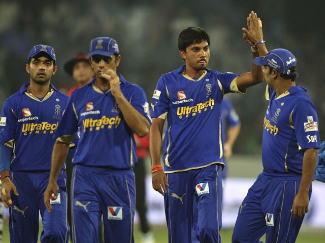 Rajasthan Royals' bowler Siddharth Trivedi celebrates after dismissing Deccan Chargers' Akshath Reddy on May 18, 2012