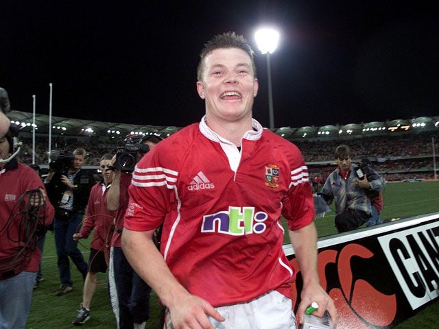 British and Irish lions player Brian O'Driscoll celebrates a 29-13 victory over Australia on June 30, 2001