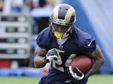 St Louis Ram's Isaiah Pead runs the ball during a practice session on May 23, 2013