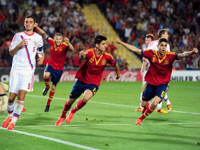 Spain's Alvaro Morata celebrates a goal against Russia on June 6, 2013
