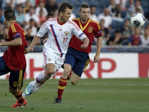 Russia's Denis Cheryshev chases the ball during the Under 21 match against Spain on June 6, 2013