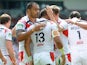 St Helens' Willie Manu is congratulated after scoring a try during the Super League match against the Bradford Bulls on June 9, 2013
