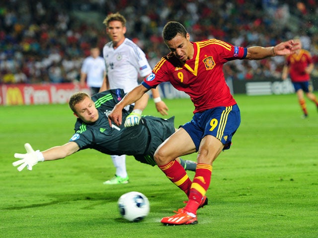 Spain's Rodrido just fails to beat Germany's Bernd Leno during the Under 21 match on June 9, 2013
