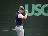 Luke Donald reacts after his birdie on the 13th hole during the second round of the US Open on June 14, 2013