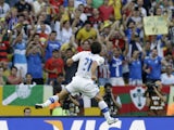 Italy's Andrea Pirlo celebrates scoring the opening goal during the soccer Confederations Cup group A match against Mexico on June 16, 2013
