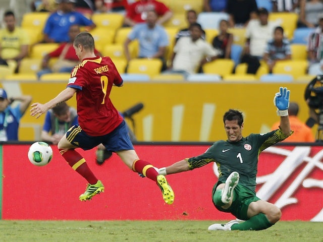 Spain's Fernando Torres scores a goal against Tahiti on June 20, 2013