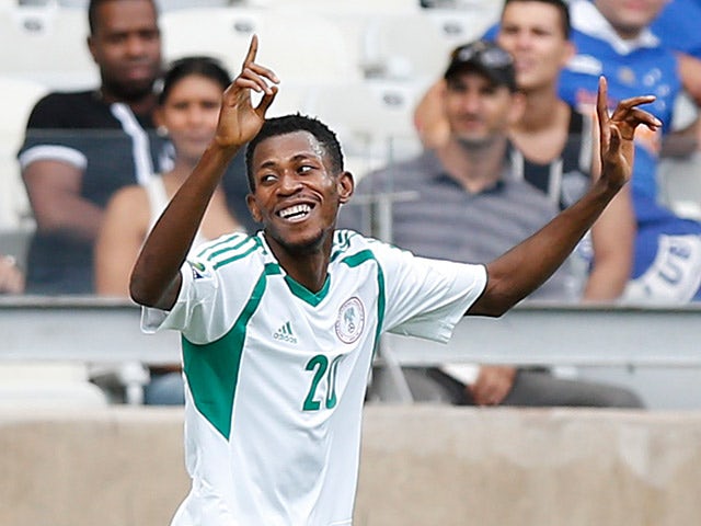Nigeria's Nnamdi Oduamadi celebrates after scoring his team's second against Tahiti in the Confederations Cup on June 17, 2013