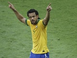 Brazil's Fred celebrates scoring against Uruguay during their Confederations Cup semi final match on June 26, 2013