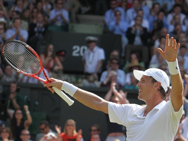Tomas Berdych celebrates his win over Roger Federer at Wimbledon.
