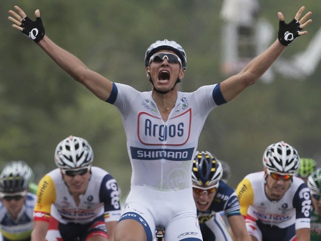 Marcel Kittel of Germany celebrates winning the first stage of the Tour de France on June 29, 2013