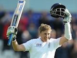 Joe Root celebrates making a century for England against New Zealand.