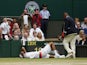 Argentina's Juan Martin Del Potro rolls on the ground in pain during his match against Spain's David Ferrer during day nine of the Wimbledon Tennis Championships on July 3, 2013