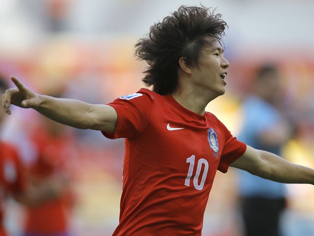 South Korea's Kwon Changhoon celebrates after scoring the 1-1 equalizer during the Under-20 World Cup quarterfinal soccer match between Iraq and South Korea on July 7, 2013