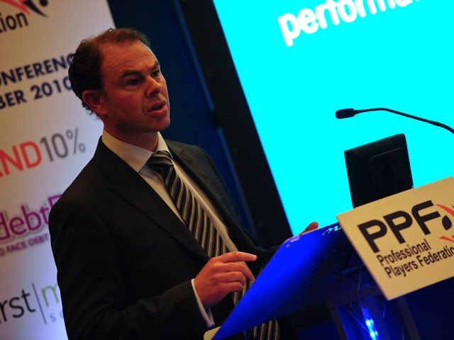 Director of Drug-Free Sport at UK Sport and Chief Executive Officer of UK Anti-Doping Andy Parkinson makes a speech at the Professional Players Federation Conference on October 4, 2010