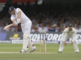 England's Tim Bresnan plays a shot off the bowling of Australia's Peter Siddle during day three of the second Ashes Test on July 20, 2013