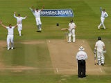 England's Tim Bresnan celebrates taking the wicket of Australia's Steven Smith on day four of the Second Investec Ashes Test on July 21, 2013