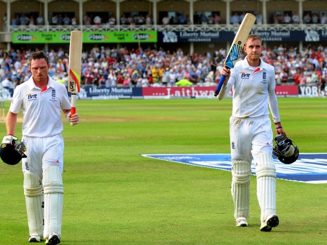 Ian Bell and Stuart Broad leave the field at the conclusion of day three at Trent Bridge.