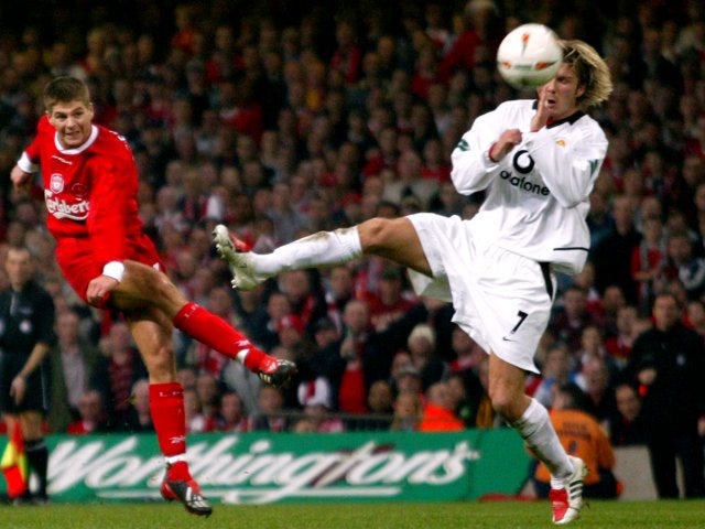 The midfielder gets among the goals as Liverpool beat rivals Manchester United 2-0 in the 2003 League Cup final.
