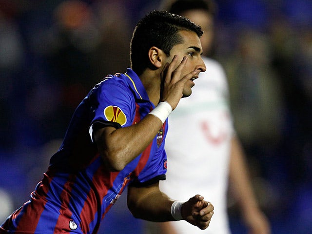 Levante's Angel Rodriguez celebrates his goal on December 6, 2012
