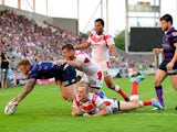 Wigan Warriors' Josh Charnley goes over to score a try against St Helens on July 22, 2013