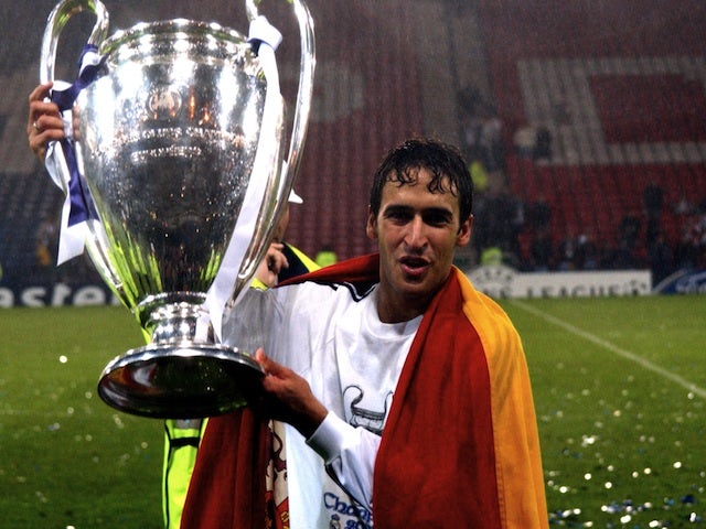 Real Madrid's Raul celebrates with the Champions League trophy on May 15, 2002