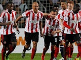 Sunderland's Wes Brown is congratulated by team mates after scoring against Spurs during the Barclays Asia Trophy on July 24, 2013