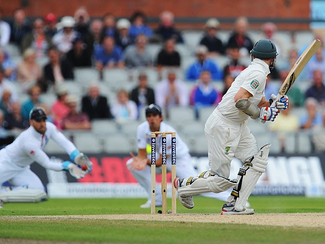 Australia's Chris Rogers is caught behind by England's Matt Prior during day four of the Third Ashes Test on August 4, 2013