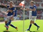 Leicester's Jamie Vardy celebrates with team mates after scoring the winner against Middlesbrough on August 3, 2013