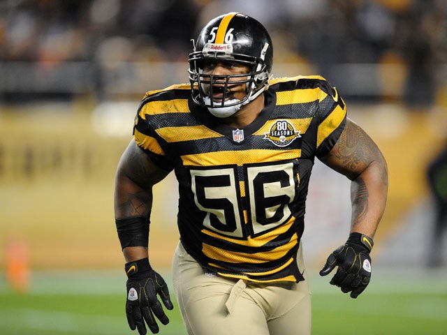 LaMarr Woodley of the Pittsburgh Steelers looks downfield against the Baltimore Ravens on November 18, 2012