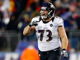 Marshal Yanda of the Baltimore Ravens reacts after play against the New England Patriots on January 20, 2013