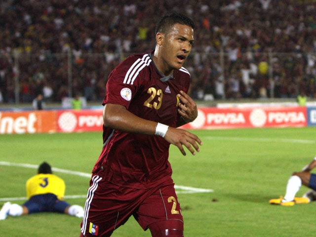 Venezuela's Salomon Rondon celebrates after scoring against Colombia during a World Cup 2014 qualifying match on March 26, 2013