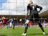 Leicester's Sean St Ledger-Hall heads in an own goal during the match against Middlesbrough on August 3, 2013