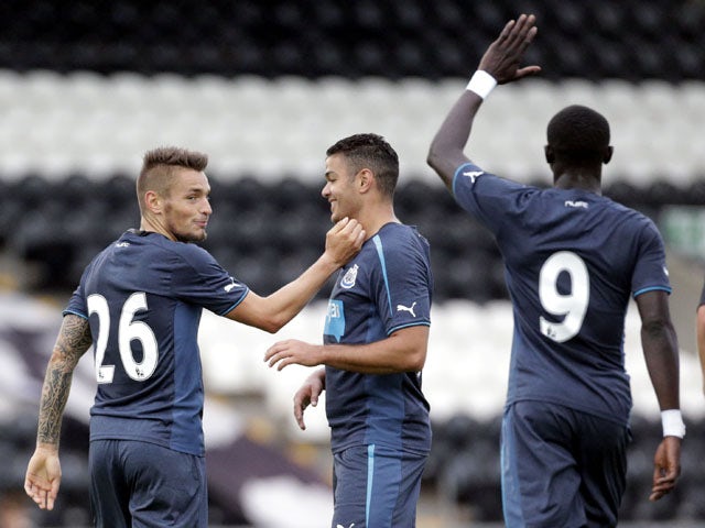 Newcastle United's Mathieu Debuchy celebrates scoring against St Mirren during the pre-season friendly on July 30, 2013