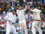 England's Stuart Broad is caught behind by Brad Haddin of Australia on August 4, 2013