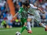 Alvaro Vadillo battles for possession with Real Madrid defender Pepe.