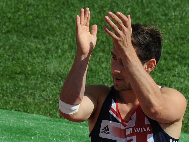 Ashley Bryant celebrates after taking his decathlon javelin throw during the European Athletics Championships on June 28, 2012