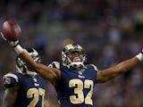 Cornerback Bradley Fletcher #32 of the St. Louis Rams celebrates after catching an interception late in the fourth quarter during the game against the Seattle Seahawks on September 30, 2012