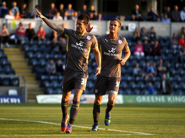 Leicester's David Nugent celebrates a goal against Wycombe on August 6, 2013