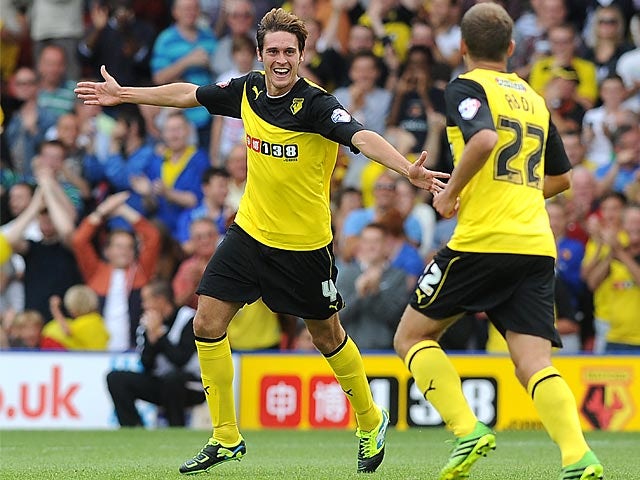 Watford's Gabriele Angella celebrates after scoring his second goal against Bournemouth on August 10, 2013