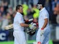 England's Ian Bell is congratulated by team mate Tim Bresnan after reaching his century on day 3 of the 4th Ashes Test on August 11, 2013