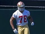 Lawrence Okoye of the San Francisco 49ers participates in individual drills during the San Francisco 49ers rookie minicamp at their training facility on May 10, 2013